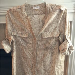 Calvin Klein Blouse Women Roll-Tab  Sleeve Button Up Notched Neck  Size L=K